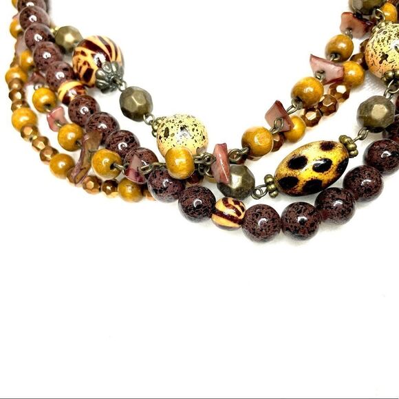 Boho Brown Tan Multi Strand Beaded Necklace Wood Crystal Like - Picture 3 of 5
